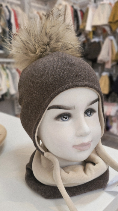 Set caciula cu mot natural si esarfa circulara, lana&bumbac, maro [3]