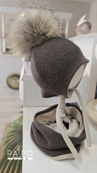 Set caciula cu mot natural si esarfa circulara, lana&bumbac, maro [4]