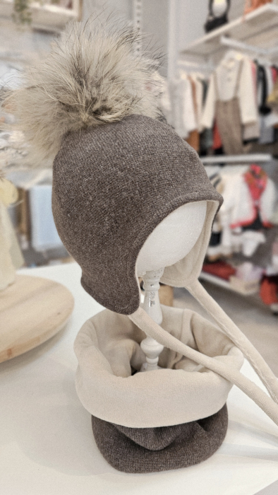 Set caciula cu mot natural si esarfa circulara, lana&bumbac, maro [6]