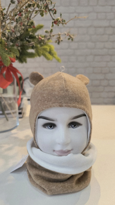 Set cu caciula si esarfa circulara, lana fiarta&bumbac, bej [1]