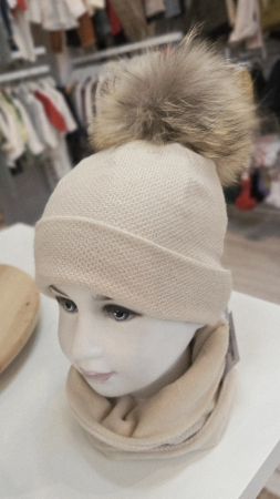 Caciuli copii - Set cu caciula accesorizata mot natural/raton si esarfa circulara, crem