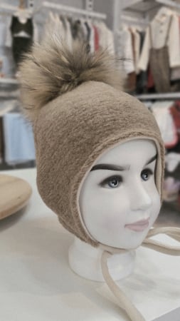 COPII - Căciulă din lana/bumbac, cafea cu lapte, cu PomPom Raton, detasabil