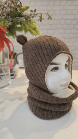 Set cu caciula si esarfa circulara, lana&bumbac, gros maron [1]