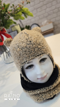 Set cu caciula si esarfa circulara, lana bucle&bumbac, gros caramel [1]