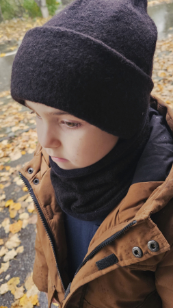 COPII - Set caciula cu esarfa circulara, lana/bumbac, negru pufos