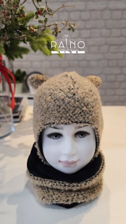 COPII - Set cu caciula si esarfa circulara, lana bucle&bumbac, gros caramel