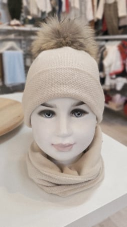 Caciuli copii - Set cu caciula accesorizata mot natural/raton si esarfa circulara, crem