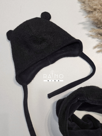 Set caciula cu esarfa circulara, lana&bumbac, negru pufos [2]