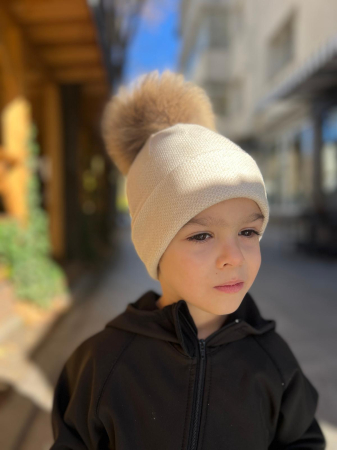 Caciuli copii - Căciulă din tricot, crem accesorizata cu PomPom Raton, detasabil