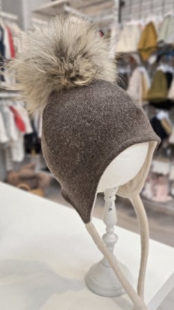 Caciuli copii - Căciulă din lana/bumbac, maro cu PomPom Raton, detasabil