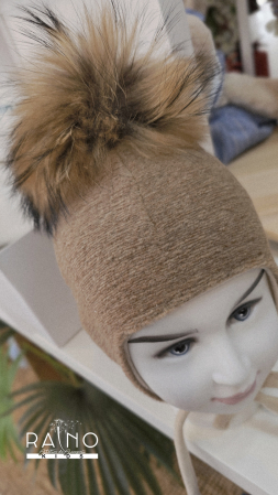 Căciulă din lana/bumbac, cafea cu lapte, cu PomPom Raton, detasabil [3]