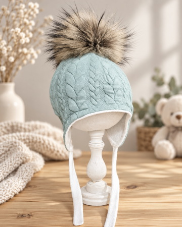 Caciuli copii - Căciulă KnitBaby, culoare AQUA, cu PomPom Raton, detasabil