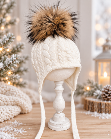 Caciuli copii - Căciulă KnitBaby, culoare Ivory, cu PomPom Raton, detasabil