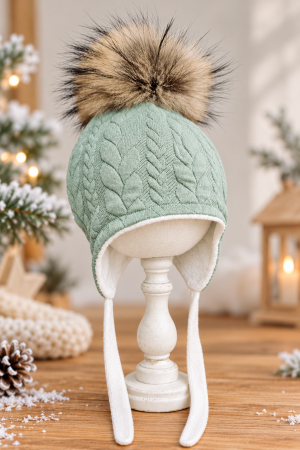 Caciuli copii - Căciulă KnitBaby, culoare MINT, cu PomPom Raton, detasabil