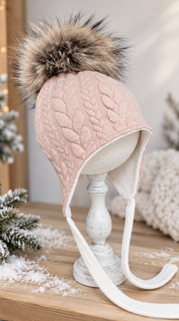 Caciuli copii - Căciulă KnitBaby, culoare RozVintage, cu PomPom Raton, detasabil