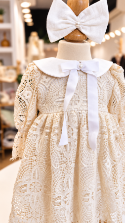 COPII - Rochie Nadia, 3 piese, dantela macrame, bej/vory