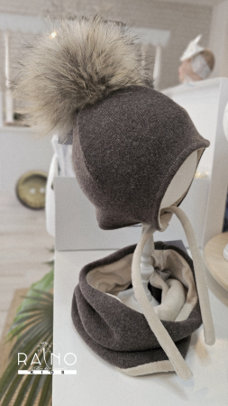 Set caciula cu mot natural si esarfa circulara, lana&bumbac, maro [3]