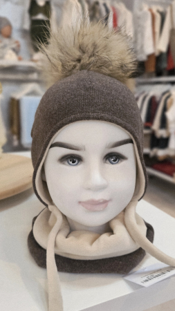 Set caciula cu mot natural si esarfa circulara, lana&bumbac, maro [1]