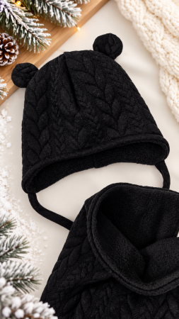 Caciuli copii - Set cu caciula si esarfa circulara, Knit Baby, negru
