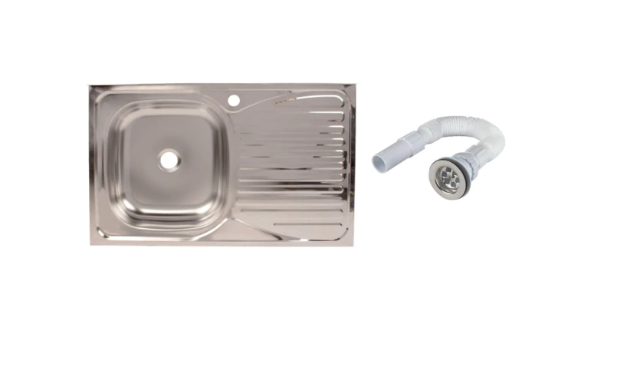 Set chiuveta INOX  masca cuva stanga 80x50 cm baterie lebada flexibila Tempo si sifon de scurgere [2]