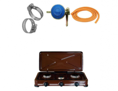 Sport & Activitati in aer liber - Aragaz cu trei ochiuri,  58 x 29 x 10, Maro ,2 m furtun pentru gaz,Ceas butelie, 2 x Coliere