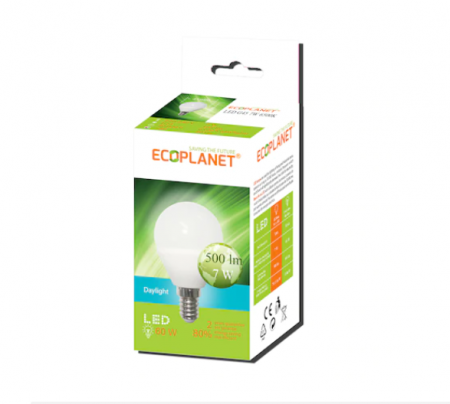 Becuri - Bec LED Ecoplanet glob mic G45, E14, 5W (40W), 400 LM, A+, lumina calda 3000K, Mat