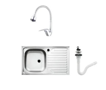 Chiuvete bucătărie - Set chiuveta INOX, cuva dreapta, pentru masca bucatarie, 80x50 cm cu baterie lebada flexibila Tempo si sifon de scurgere
