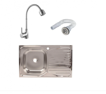 Chiuvete bucătărie - Set chiuveta INOX  masca cuva stanga 80x50 cm baterie lebada flexibila Tempo si sifon de scurgere