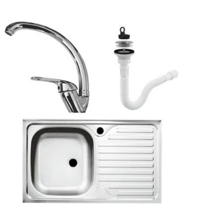 Set chiuveta INOX masca cuva stanga 80x50 cm baterie lebada si sifon de scurgere [1]