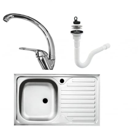 Chiuvete bucătărie - Set chiuveta INOX masca cuva stanga 80x50 cm baterie lebada si sifon de scurgere