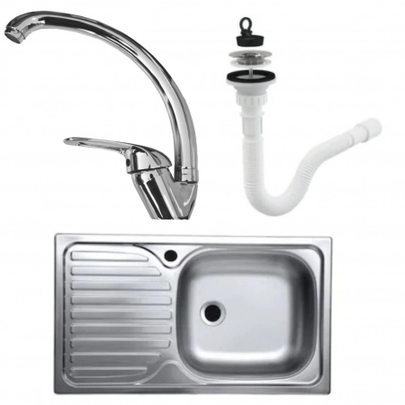 Chiuvete bucătărie - Set chiuveta masca ,INOX, ANTICALCAR,cuva dreapta ,Raulconstruct ,80x50 cm,baterie lebada flexibila cu sifon de scurgere