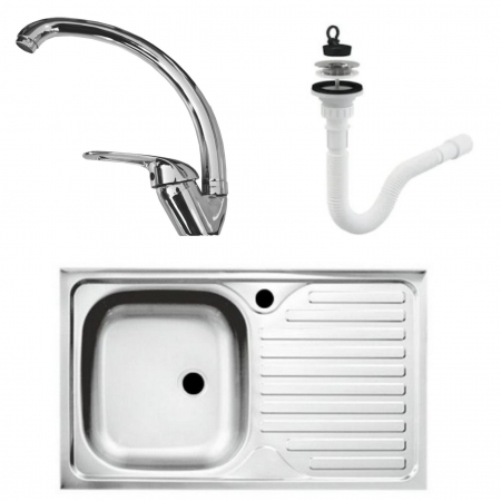Chiuvete bucătărie - Set chiuveta masca, INOX,  ANTICALCAR ,cuva stanga,Raulconstruct,80x50 cm,baterie lebada cu sifon de scurgere