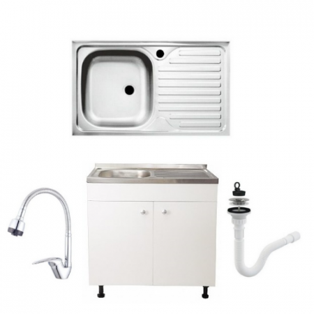 Set ,Masca Chiuveta Alb, 80 cm X 50 cm X 80 cm, Chiuveta inox ,Baterie lebada flexibila si Sifon scurgere G207EU [1]