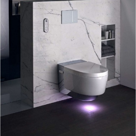 Vase de toaletă - Set vas WC Geberit AquaClean Mera Comfort Rimfree suspendat cu capac soft-close electric cu functie de bideu, 39x59 cm, crom