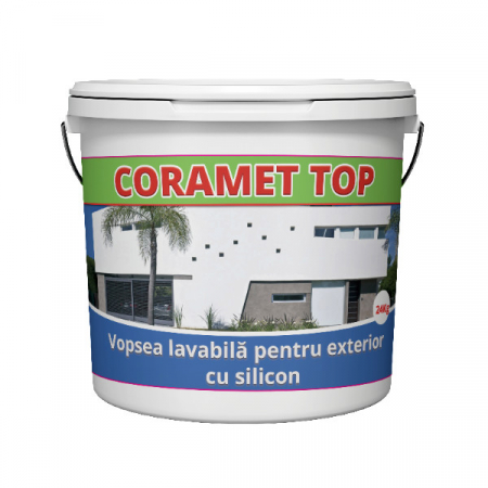 Materiale de construcții - Vopsea lavabila de exterior cu silicon,Coramet TOP,Culoare alba,pe baza de dispersie apoasa,15 litri
