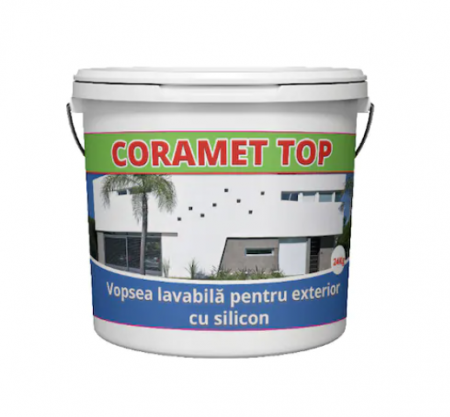 Materiale de construcții - Vopsea lavabila de exterior cu silicon,Coramet TOP,Culoare alba,pe baza de dispersie apoasa,8,5 litri