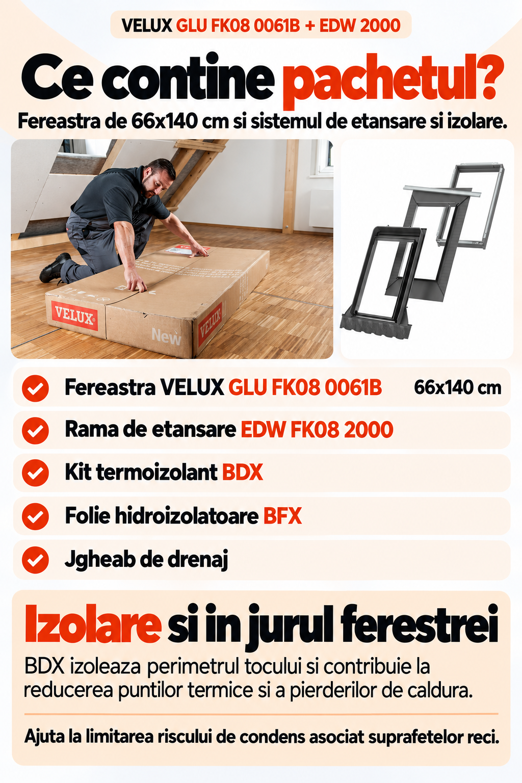 Ce contine pachetul format din fereastra VELUX GLU FK08 0061B si rama de etansare EDW 2000