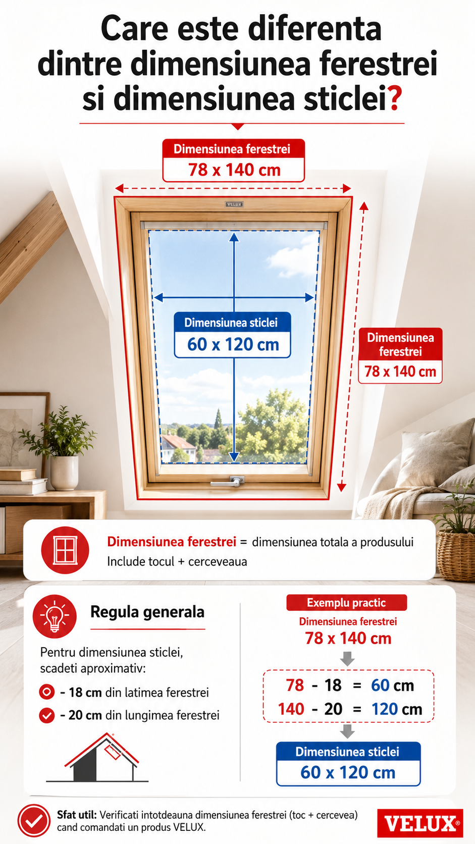 Ce dimensiune are sticla unei ferestre VELUX ?