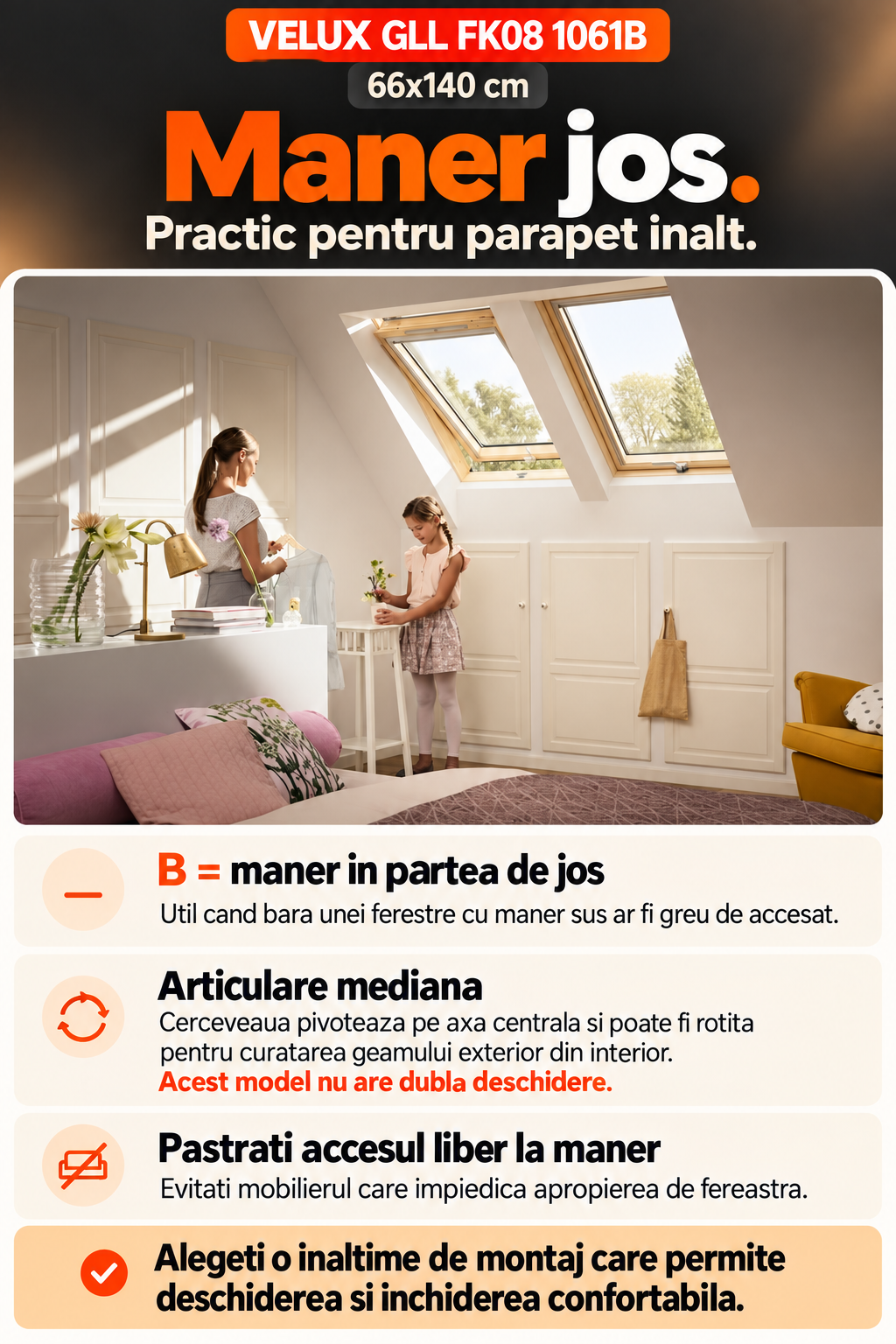 Ferestre VELUX 66X140 cu maner jos