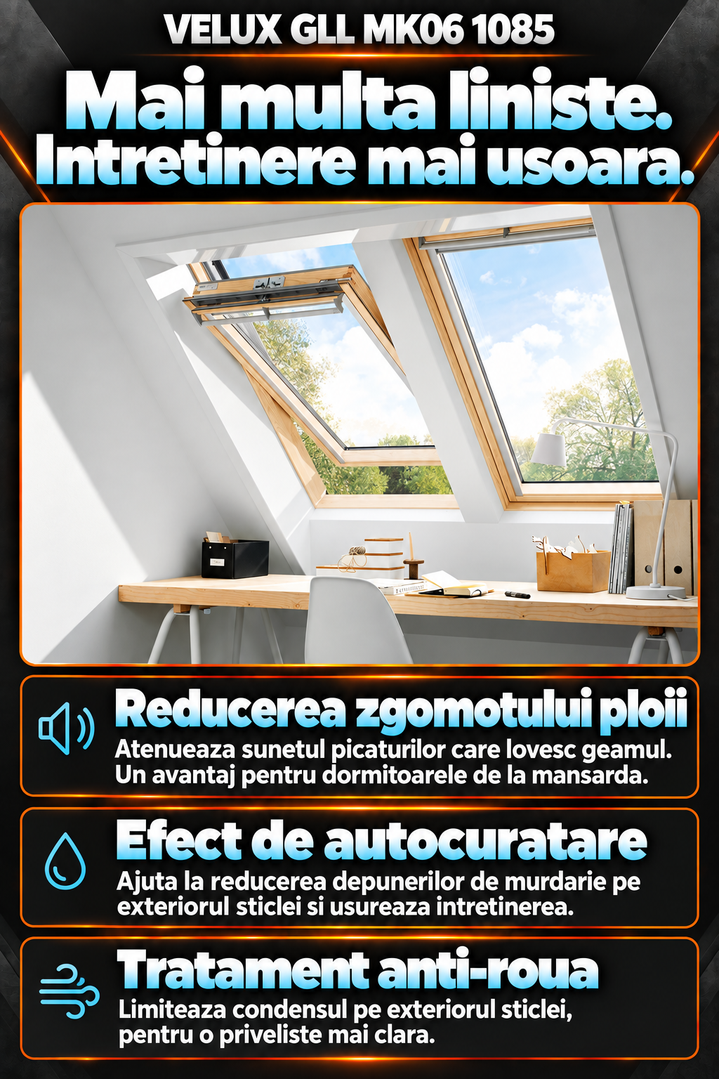 Fereastra VELUX cu geam tratat anti-roua si auto-curatare