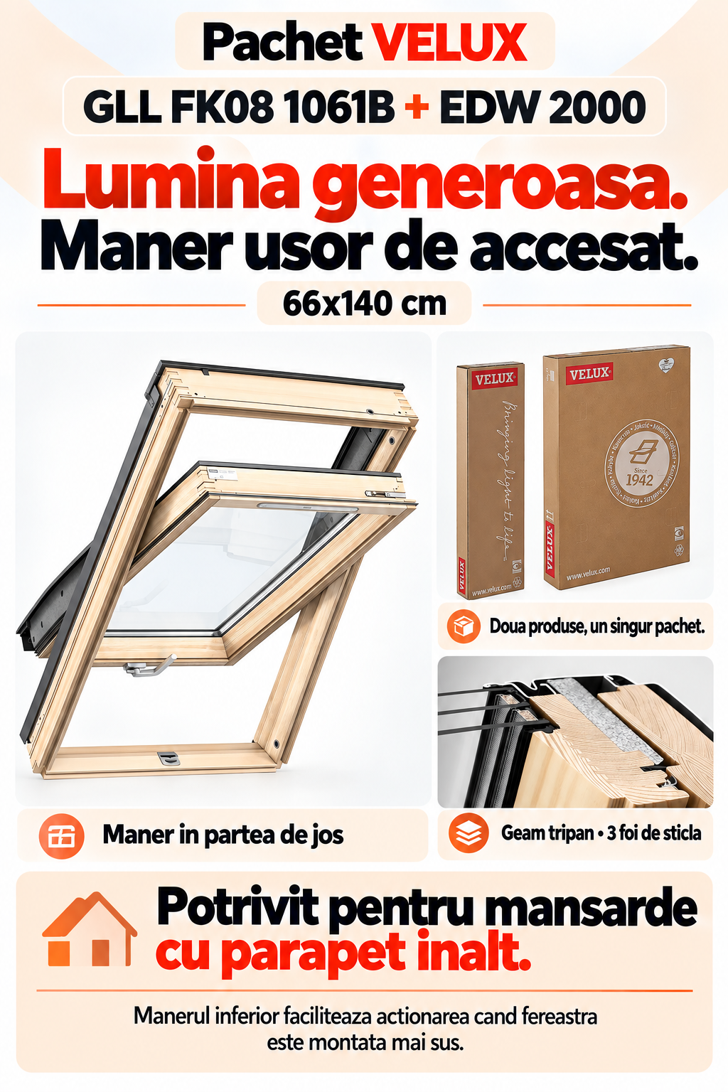 Fereastra VELUX GLL 1061B cu rama de etansare EDW 2000
