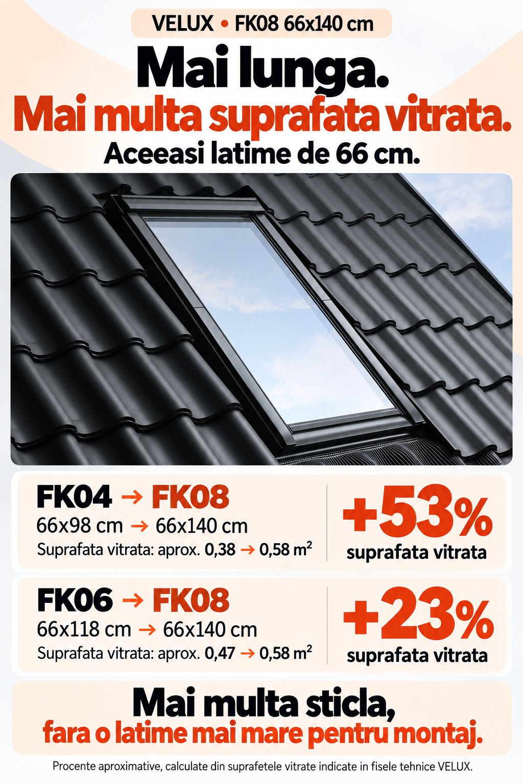 Fereastra VELUX mai lunga inseamna suprafata vitrata mai mare