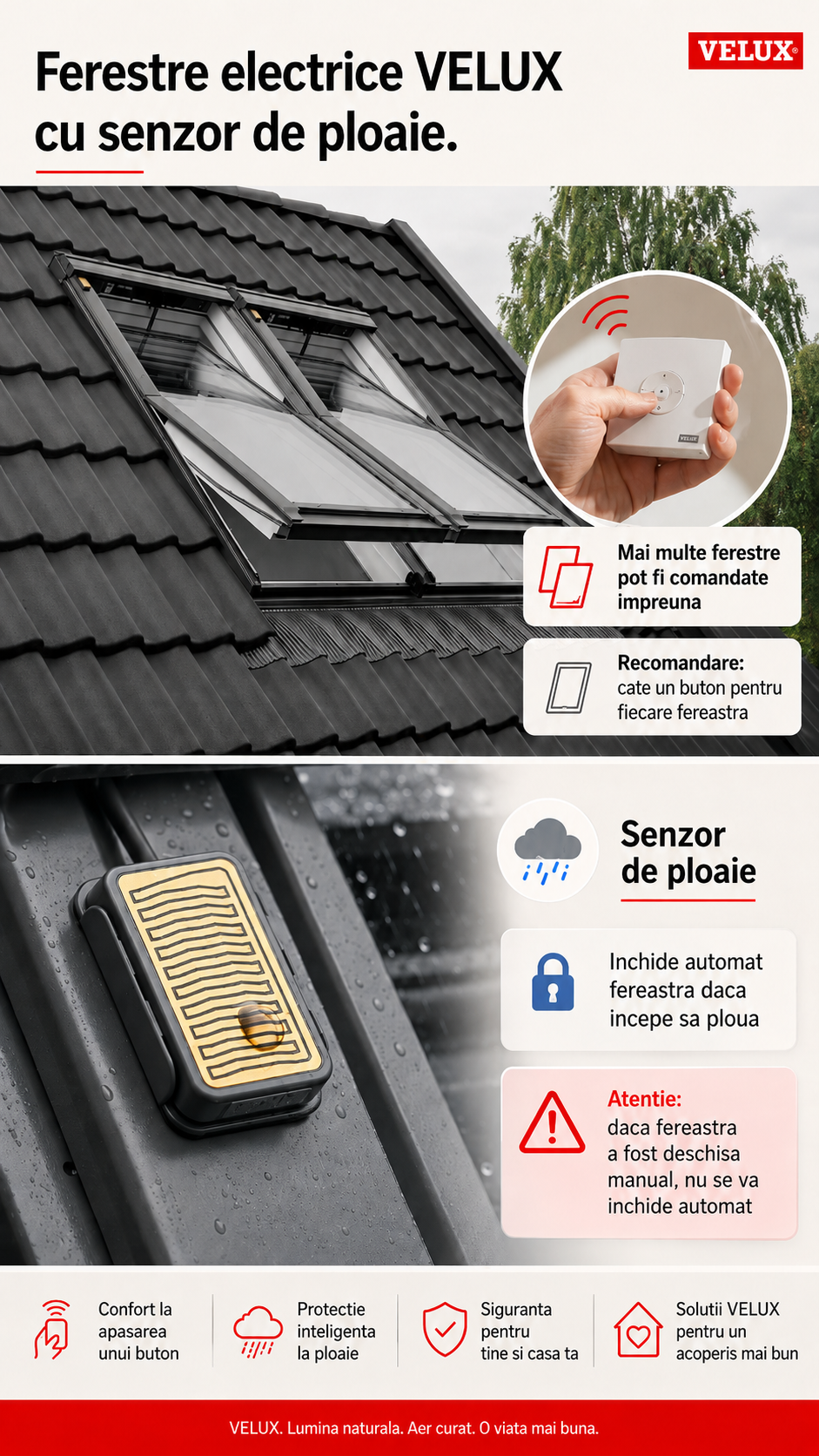 Ferestre electrice VELUX cu senzor de ploaie