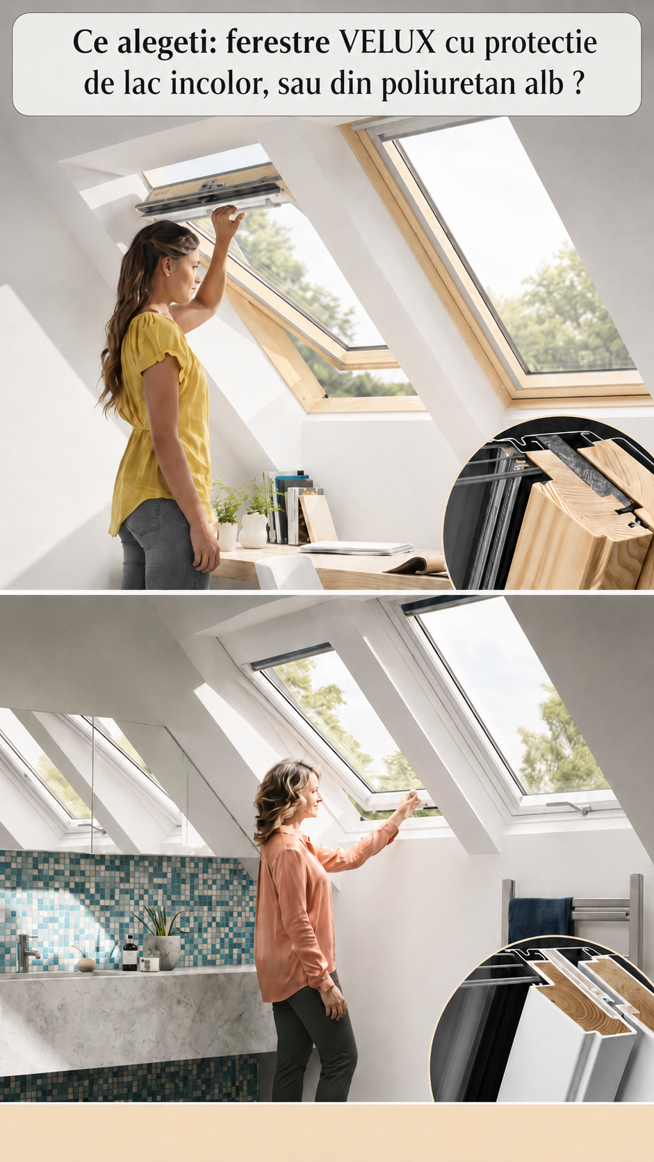 Ferestre VELUX cu protectie de lac incolor sau poliuretan alb