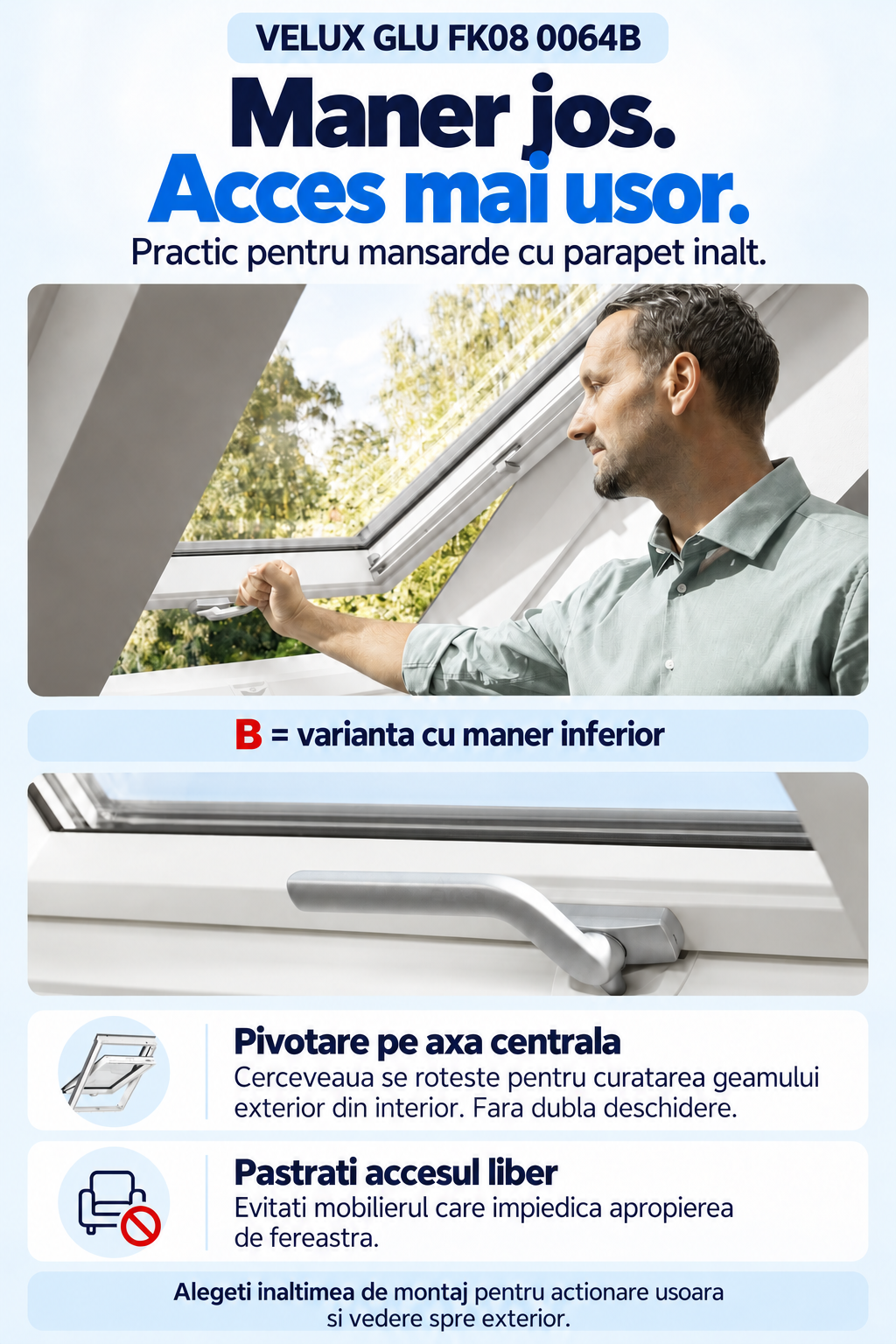VELUX GLU FK08 - Maner jos - Acces mai usor