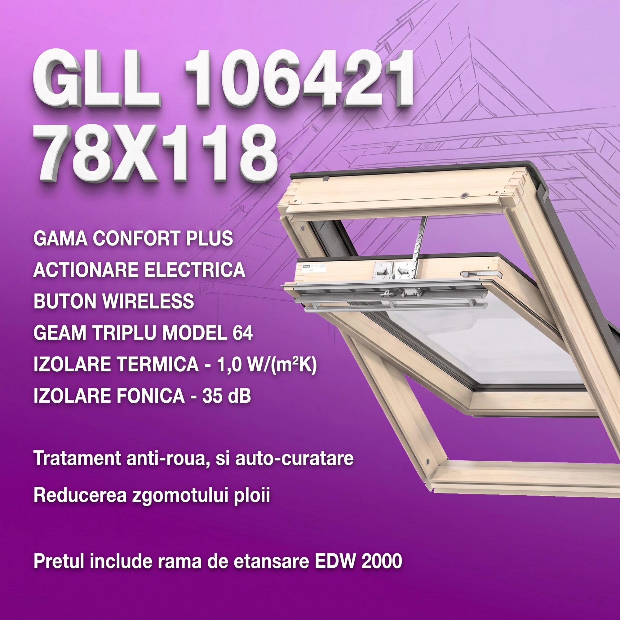 Geamuri VELUX cu rama Energy - Fereastra electrica VELUX 78X118 GLL 106421 + Rama EDW 2000