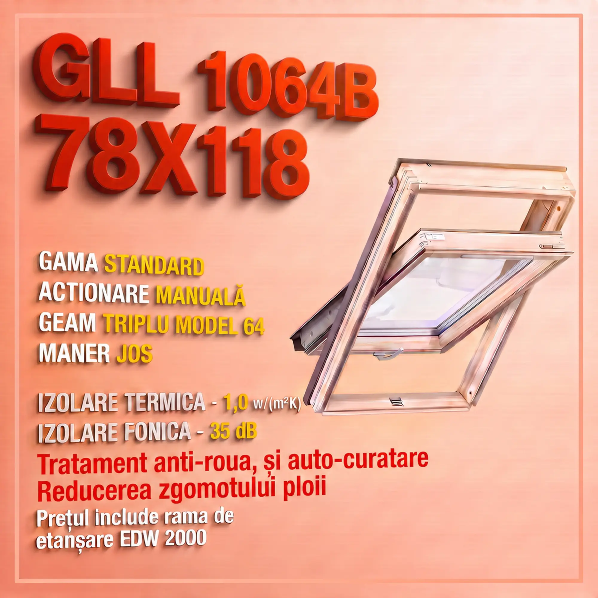 Geamuri VELUX 78X118 - Fereastra VELUX GLL 78X118 1064B + Rama EDW 2000