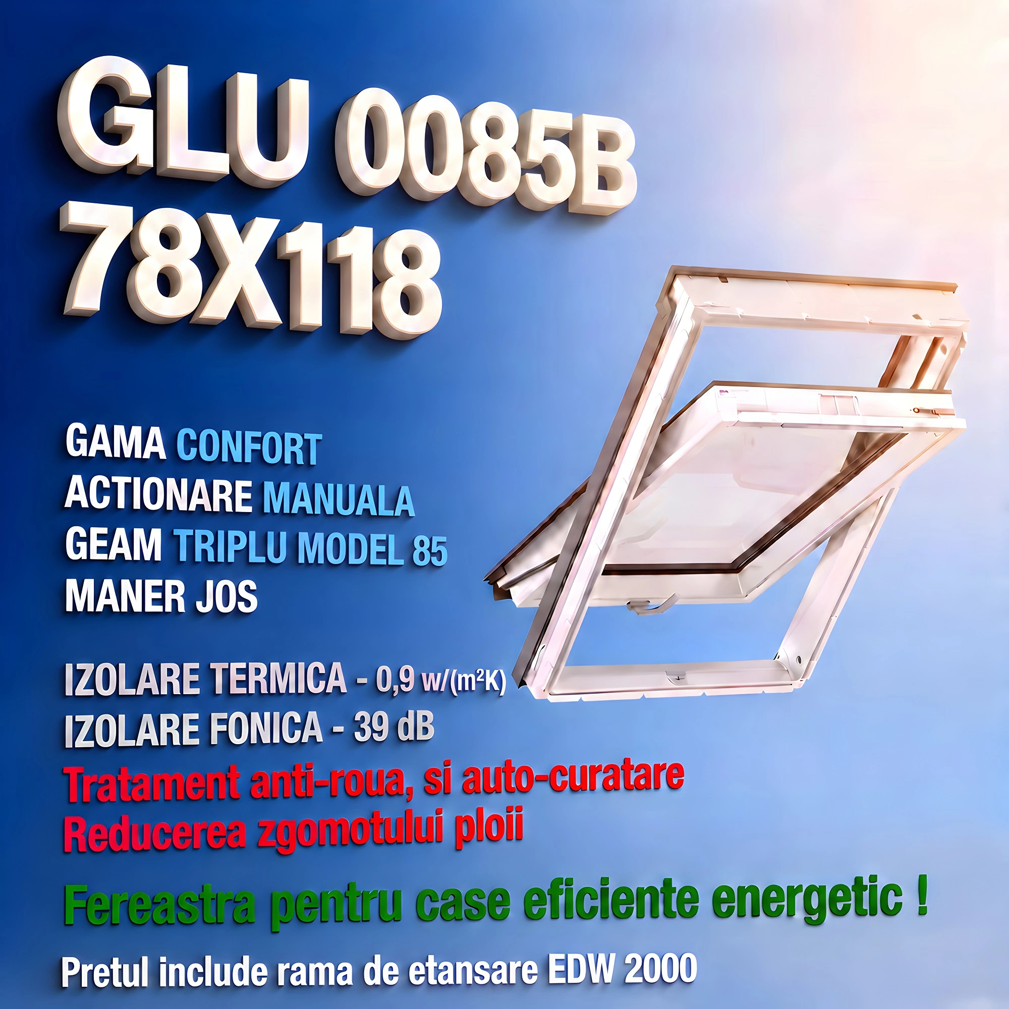 Geamuri VELUX cu rama Energy - Fereastra VELUX 78X118 GLU 0085B + Rama EDW 2000