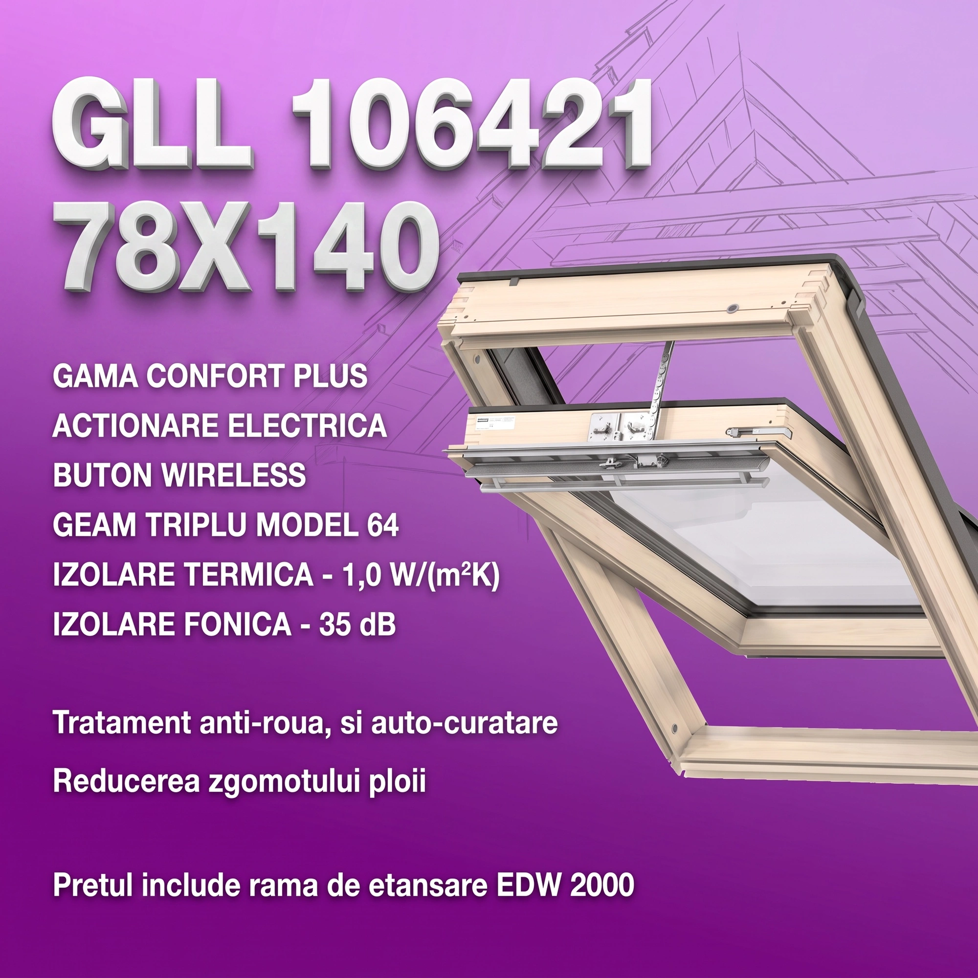 Geamuri VELUX cu rama Energy - Fereastra electrica VELUX GLL MK08 106421 78x140 cu rama EDW 2000