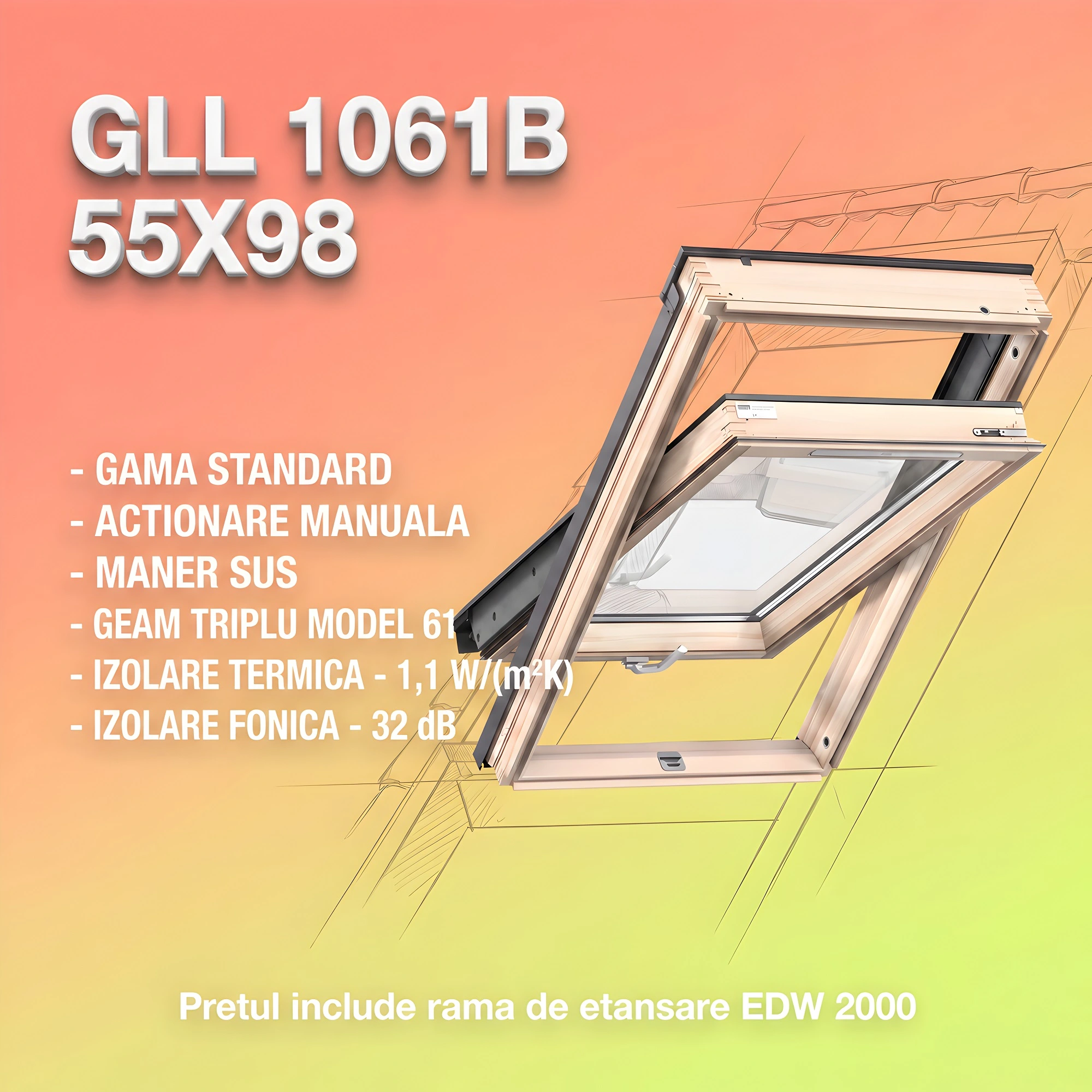 Geamuri VELUX 55X98 - Fereastra VELUX GLL 55X98 1061B + Rama EDW 2000 - Rav Construct Company